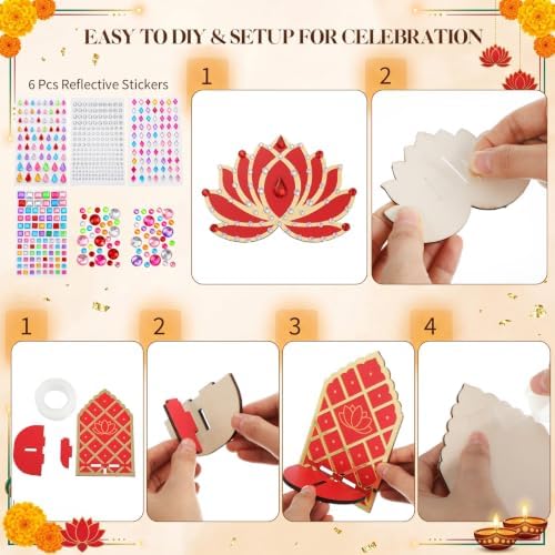 Yookeer 24 Pcs Diwali Decoration Craft Set Wooden Light Holder Lotus Decor Artificial Marigold Flowers Garland for Deepavali Wall DIY Craft Temple Puja Indian Pooja Diwali Wedding Supplies - Image 4