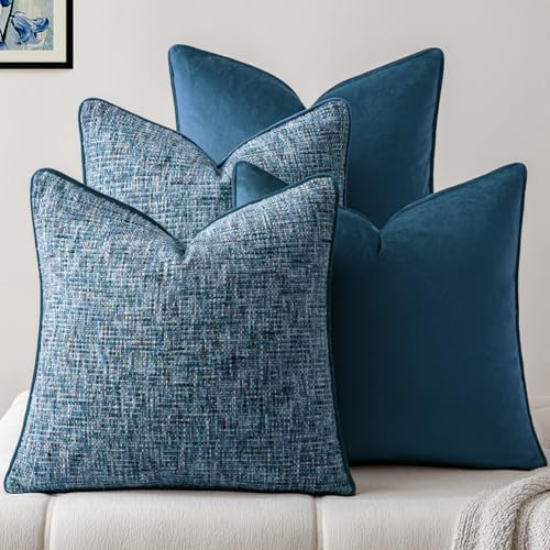 a moment Blue 4 Pack Throw Pillow Covers - Chenille & Velvet Set with Piping, Farmhouse Textured Design Cushion Cases for Couch Sofa Bed (18x18 Inch, No Insert) by amoment