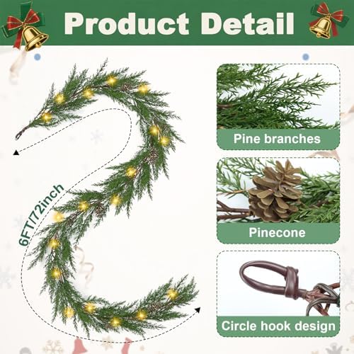 Artgar Christmas Cedar Garland, 6 Ft Prelit Christmas Garland - Image 2
