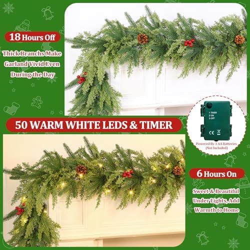 Prelit 50LED - 9 Ft by 12 Inch Christmas Garland with Lights Timer, Real Touch Norfolk Pine Cedar Garland 150 Cypress & 50 Norfolk PE Tips Berries Pine Cones for Indoor Fireplace Mantle Table Decor - Image 3
