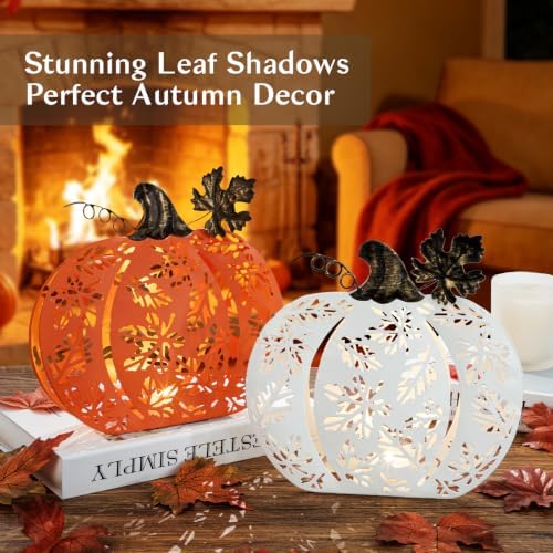 2 Pcs Fall Pumpkins Decor Lighted Metal Pumpkins for Autumn Decoration - Image 4