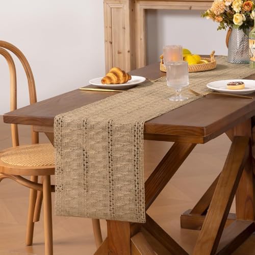 Niviy Burlap Boho Table Runner for Spring Home Decor 132 Inches Long, Modern Farmhouse Decor Rustic Macrame Woven Coffee Table Runners for Summer Dining Table Decoration, Burlap Brown - Image 5