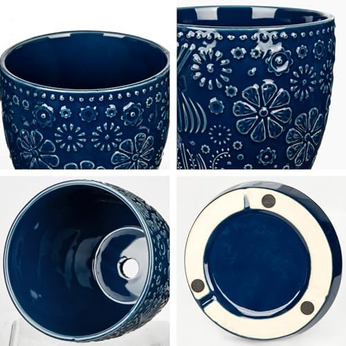 Hollyone 6 Inch Blue Ceramic Planter Flower Plant Pot with Drainage Hole and Saucer for Plants Embossed Indoor Outdoor Garden Embossed Ceramic Glazed Round Pot for Succulent Orchid Mixed Pattern - Image 3
