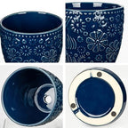 Hollyone Set of 3 Blue Ceramic Planter 6 Inch Flower Plant Pot with Drainage Hole and Saucer for Plants Embossed Indoor Outdoor Garden Embossed Ceramic Glazed Round Pot for Succulent Orchid - Image 3