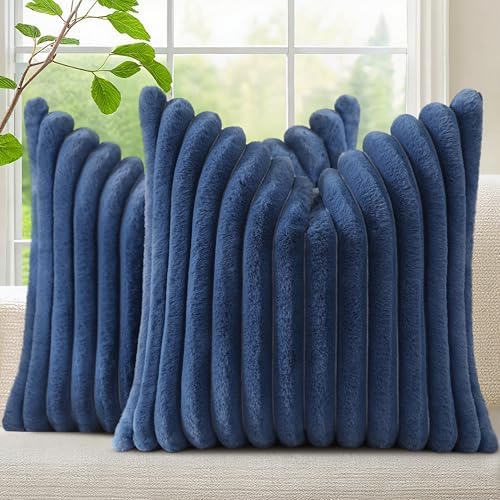 decorUhome Fall Faux Fur Throw Pillow Covers 24x24 Set of 2 Navy Blue by decorUhome
