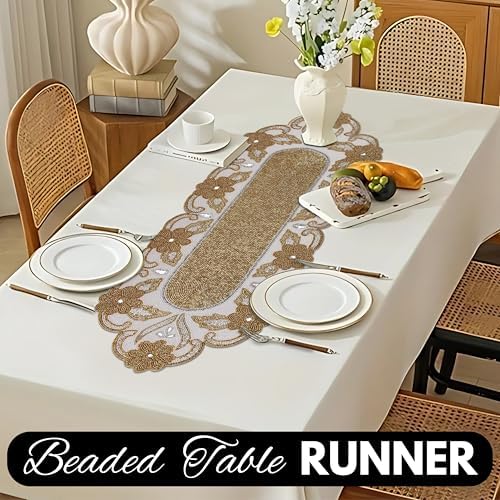 Elegant 36" Gold Beaded Table Runner – Handmade Decorative Beads Runner for Christmas & Thanksgiving – Festive Gold/Ivory Table Decor for Dining, Parties & Holidays - Image 3