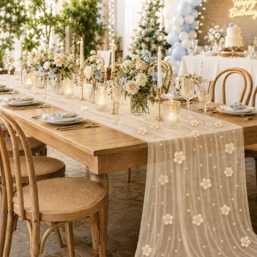 6 Pcs 29x120'' Pearl Tulle Table Runner 10ft Wedding Tablecloth, Beige - Image 2
