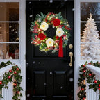 Christmas Wreaths for Front Door 24 Inch Prelit Holiday Wreath with Red Roses, White Peonies, Red Berries, Greenery & Velvet Bow Christmas Door Wreath Indoor Outdoor - Image 5