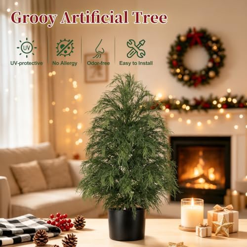 Grooy 2FT Artificial Cedar Topiary Trees, 2 Pack Fake Shrubs with Pot - Image 3