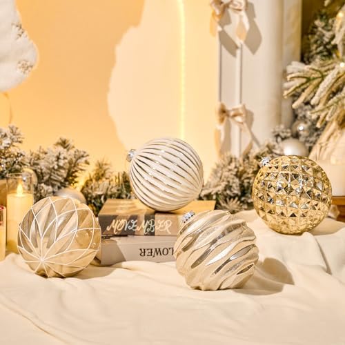 JORNOY Christmas Balls Ornaments Set, 6 inch/150mm Extra Large Shatterproof Plastic Hanging Bulbs for Xmas Tree Decorations Holiday Party with String, 4 Pack-Champagne White - Image 2