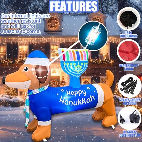 4FT Inflatable Hanukkah Dog Carrying Menorah Decoration Built-in LED Lights Chanukkah Inflatable Puppy Decor Hanukkah Menorah Blow Up Decorations Outdoor Indoor Yard Garden Lawn Home Party - Image 6