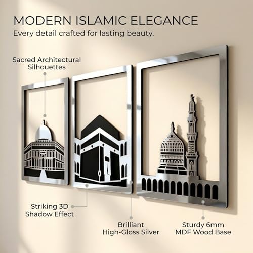 iwa concept Masjid Al Aqsa, Kaaba & Masjid An-Nabawi Islamic Wall Art, Wooden Blessed Places Islamic Wall Decor, Gift for Muslims at Ramadan Eid (Large, Silver | All Three) - Image 4