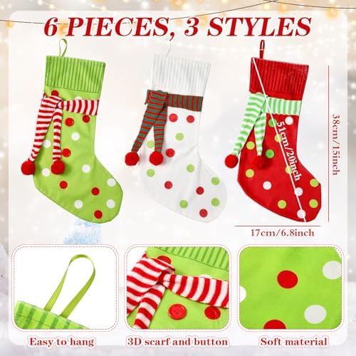 Newcotte 6 Pack 20 Inch Large Christmas Stocking Elf Xmas Hanging Stockings Red Green White Christmas Decorations for Holiday Fireplace Tree Decoration Gift Present - Image 2