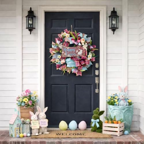 22 Inch Easter Bunny Wreath for Front Door, Spring Easter Bunny Wreath with Pink Tulip and Flowers for Indoor Outdoor, Easter Ribbon Wreaths for Home Decor - Image 5