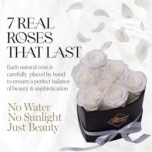 GLAMOUR BOUTIQUE Preserved Flowers, 7 Forever White Roses in Heart Gift Box - Image 2