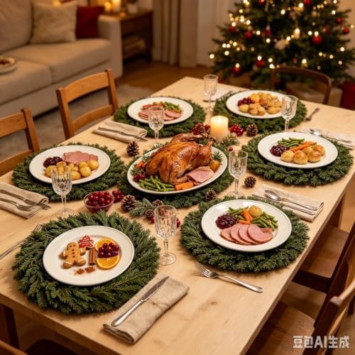 Christmas Placemats Set of 6 Artificial Cedar Wreath Charger Plates 19.7" Round Faux Greenery Branch Place Mats Winter for Winter Xmas Holiday Dinner Party Kitchen Dining Christmas Table Decorations - Image 4