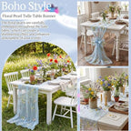 Lounsweer 3 Pcs Blue Wildflower Table Runner 10ft Embroidery Tulle - Image 5