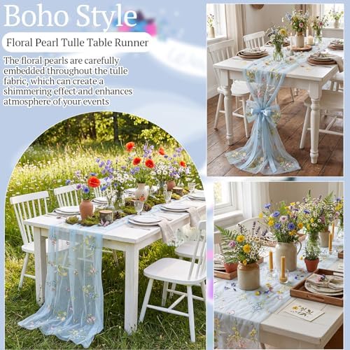 Lounsweer 3 Pcs Blue Wildflower Table Runner 10ft Embroidery Tulle - Image 5