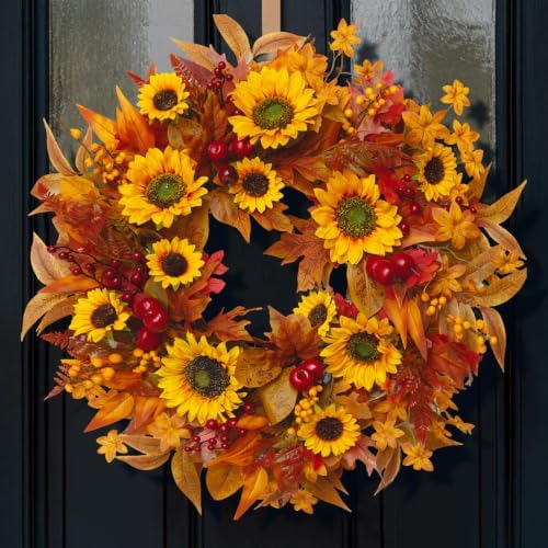 24 Inch Harvest Fall Wreaths for Front Door with Sunflower and Red Berries by CHVista