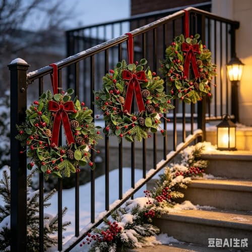 6 Pcs Small 4th of July Hanging Wreaths for Cabinets Patriotic Mini Candle Ring Wreath with Red White Blue Flowers (4, Greenery with Red Bells Pinecones) - Image 5