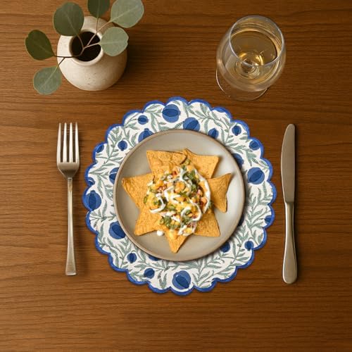 Ridhi Floral Block Print Round Placemats 15" in, Set of 4, Queen Blue - Image 2