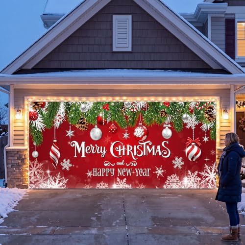 WovWeave 7 x 16 Ft Christmas Garage Door Cover, Happy New Year Red Ornament - Image 5