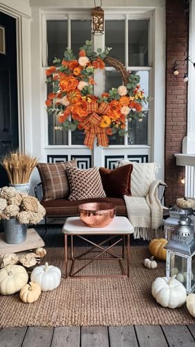 24" Artificial Fall Half Wreath for Front Door Autumn Wreath with Pumpkin Peony Eucalyptus Chrysanthemum and Ribbon for Halloween Thanksgiving Day Indoor Outdoor Farmhouse Window Wall Décor - Image 5