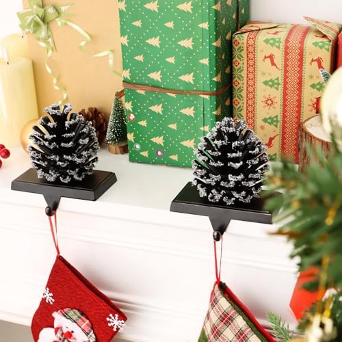 Hxezoc 2 Pack Pine Cone Christmas Stocking Holder with Snowflake, 3D Brown Metal Mantel Stocking Hangers for Christmas Fireplace Mantel Decorations Christmas Holiday Supplies - Image 5