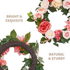 22in Artificial Pink Peony Spring Summer Wreath and Bouquets Sets, Realistic Spring Fake Flower Decor with Real Rattan Base, Includes 2 Matching Bouquets, Front Door Home Mother's Day - Image 4
