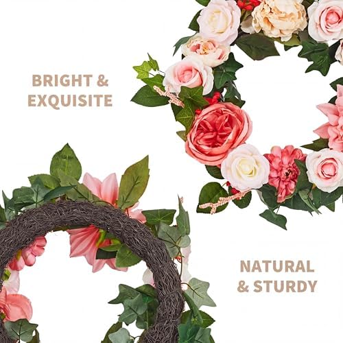 18in Artificial Pink Peony Spring Summer Wreath and Bouquets Sets, Realistic Spring Fake Flower Decor with Real Rattan Base, Includes 2 Matching Bouquets, Front Door Home Mother's Day - Image 4