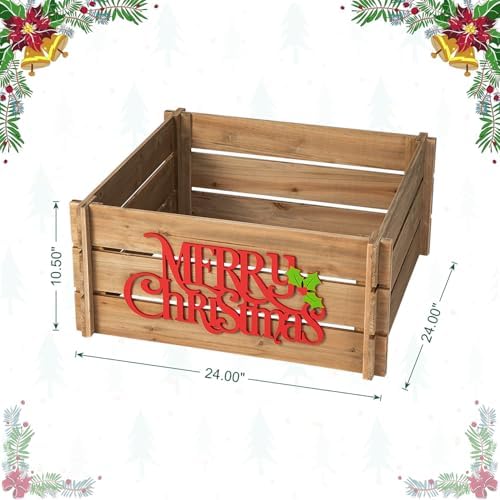 Glitzhome 24" L Wooden Tree Collar, Christmas Tree Base Cover, Farmhouse Merry Christmas Crate Collar Decorative Christmas Tree Skirt Collar Christmas Tree Collar for 7.5ft Tree - Image 3