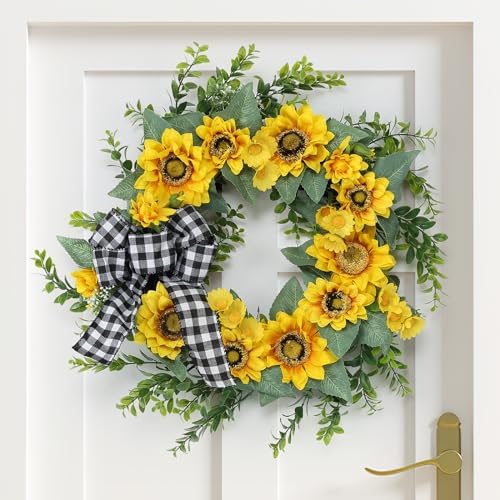 Garvee Summer Wreaths for Front Door, 18" Artificial Sunflower Wreath by Garvee