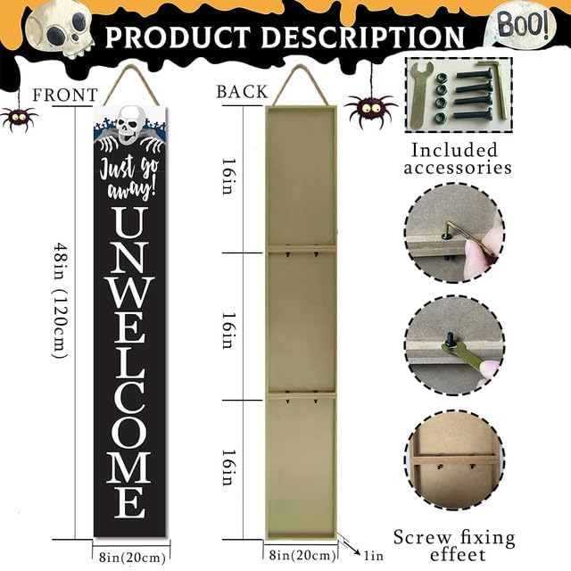 Halloween Unwelcome Sign For Front Porch Scary Wooden Vertical Go Away Sign Standing For Patio Front Door Porch Celebrate Holiday Home Party Wall Home Decor 48"×8" - Image 7
