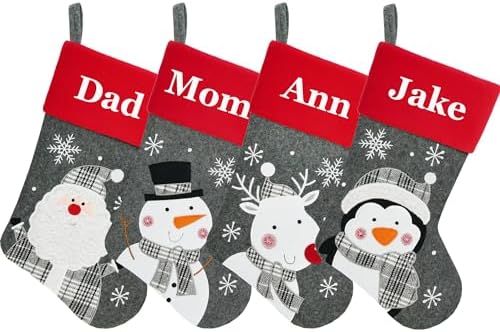 Set of 4, 18" Dia Personalized Gray Christmas Stockings with Embroidery Names, Quality Thick Fleece Material Stockings for Family Decor(Santa Snowman Elk Penguin) by YourBestMemory