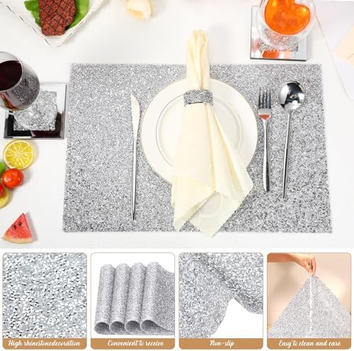 Dandat 12 Pcs Silver Rhinestone Placemat Napkin Ring Coaster Set, Square - Image 4