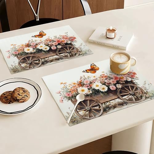 Country Flower Spring Placemats Set of 6, 12x18 Inch Farmhouse Floral Summer Table Place Mat Rustic Washable Non-Slip Heat Resistant Fabric Placement Mats for Dining Kitchen Indoor Outdoor Decor - Image 3