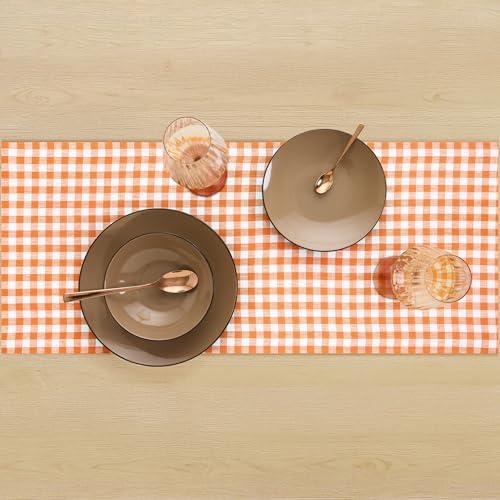 Solino Home 100% Pure Linen Dining Table Runner Muskmelon Check, 14 x 90 in - Image 3