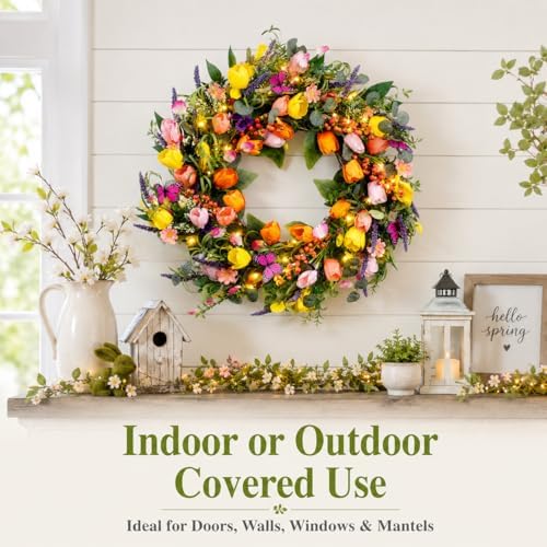 24 Inch Spring Wreaths for Front Door, Artificial Tulip Wreath with Lights & Butterflies, Spring Summer Easter Wreath for Indoor Outdoor Decor - Image 6