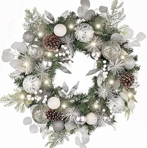 Valery Madelyn 24'' Pre-Lit Christmas Wreath for Front Door with Light, Large Lighted Outdoor Christmas Wreath with Silvery White Xmas Balls & Pinecones for Home Porch Fireplace Window Holiday Decor by ValeryMadelyn