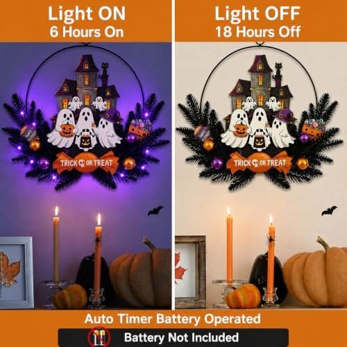 Pre-Lit Halloween Wreath for Front Door, Lighted Ghost with 6H On/18H Off - Image 3