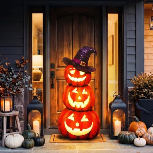 Vercraft 35" Halloween Stacked Pumpkin Door Sign with Witch Hat LED Light - Image 2