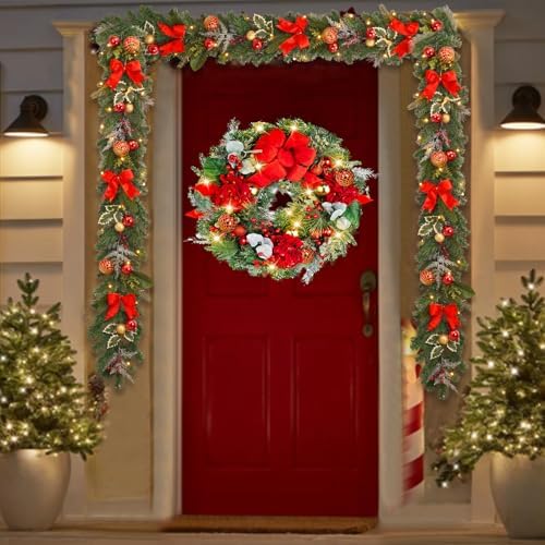 6ft Pre-lit Garland,red Gold Christmas Decorated Garland with 30 LED Light String,Indoor Outdoor Xmas Decorations on Mantle Fireplace Front Door, Christmas Stairs Decor Battery Operated with Timer - Image 3