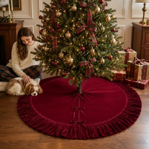 72 Inch Velvet Christmas Vintage Tree Skirt, Burgundy - Image 5