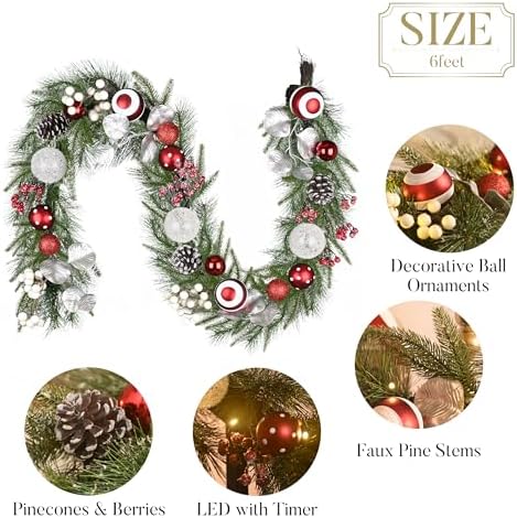 Valery Madelyn 6 Ft Christmas Garland with Lights for Mantle Red White - Image 6