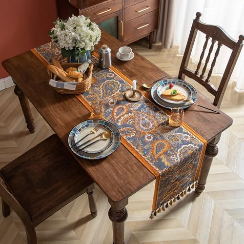 Vintage Floral Jacquard Table Runner with Multi-Color Tassels Luxury French Farmhouse Spring Table Runners Orange for Home Decor Dining Kitchen Living Room Coffee Tables 71" - Image 2