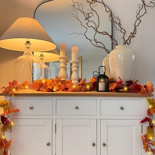 CQURE 5 Pack Fall Leaf Garland with Lights, Fall Vines Autumn Garland LED Lights Artificial Maple Fall Leaves Thanksgiving Decor for Home Wedding Fireplace Party - Image 4