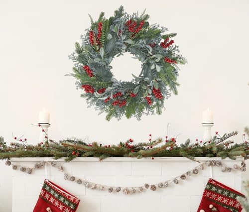 24” Green Faux Pine Christmas Wreath with Red Berry– Mixed with Fake Norfolk Cypress, Cedar & Lamb Ear, Xmas Winter Wreaths for Front Door Porch Mantel & Fireplace - Image 3
