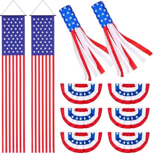 Remagr 10 Pcs Patriotic 4th of July Decorations Outdoor, 2 American Flag Windsocks, Independence Day Porch Banners with 6 USA Pleated Bunting Flags, Red White Blue Labour Day Decor for Yard Garden by Remagr