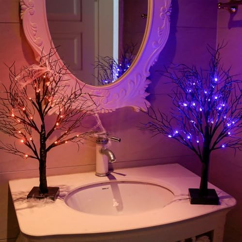 2 Pack Halloween Tree, Vanthylit Black Tree with Orange Purple Bi-Color Led Lights 6 Functions, USB & Battery Operated Lighted Willow Branch for Indoor Halloween Decorations (22 inch,24 LED) - Image 5
