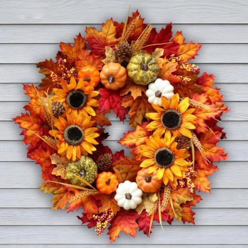 24 Inch Sunflower Fall Wreath for Front Door with Maple Leaves and Pumpkins by Montekin